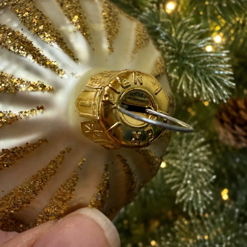 Pier 1 Set of 9 Glass Christmas Ornament Set Gold Glitter Balls Conch Shells